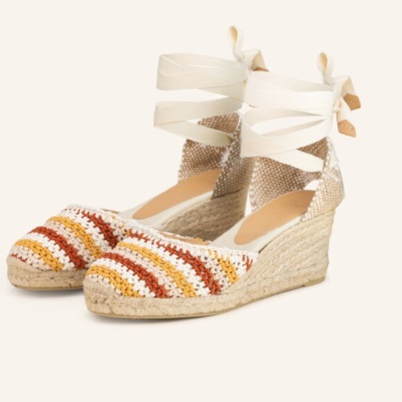 CASTAÑER Carina 80 canvas and crochet-knit ankle wrapt wedge espadrilles